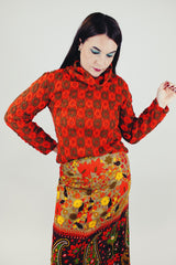 women's vintage printed knit turtleneck in brown and orange print