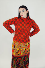 women's vintage printed knit turtleneck in brown and orange print
