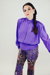 long sleeve purple mock neck 80's women's vintage blouse
