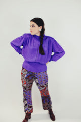 long sleeve purple mock neck 80's women's vintage blouse