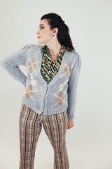 grey argyle printed women's cardigan sweater vintage 1970's