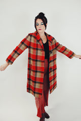 red and brown wool plaid women's vintage coat 1960's