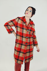 red and brown wool plaid women's vintage coat 1960's