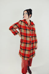 red and brown wool plaid women's vintage coat 1960's
