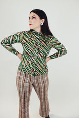 green brown and white striped pattern 1970's women's button up long sleeve blouse