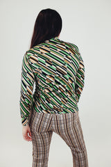 green brown and white striped pattern 1970's women's button up long sleeve blouse