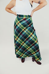 green plaid maxi wool skirt women's vintage 1970's