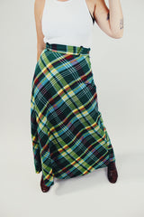 green plaid maxi wool skirt women's vintage 1970's