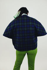 navy and green tartan plaid poncho with gold button women's vintage wool
