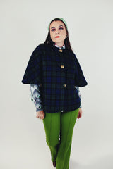 navy and green tartan plaid poncho with gold button women's vintage wool