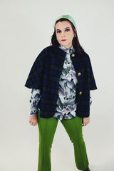 navy and green tartan plaid poncho with gold button women's vintage wool