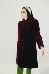women's vintage 1940's maroon velvet long jacket with buttons pockets collar