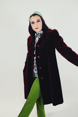 women's vintage 1940's maroon velvet long jacket with buttons pockets collar