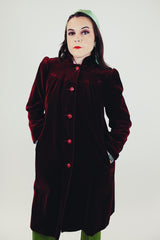 women's vintage 1940's maroon velvet long jacket with buttons pockets collar