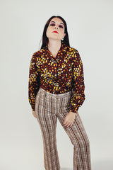 brown yellow white printed button up blouse women's vintage blouse pointy collar