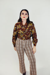 brown yellow white printed button up blouse women's vintage blouse pointy collar
