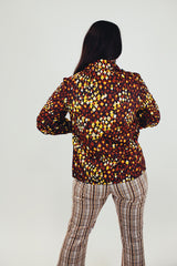brown yellow white printed button up blouse women's vintage blouse pointy collar
