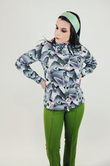 grey pink and green printed button up blouse long sleeve women's vintage pointy collar