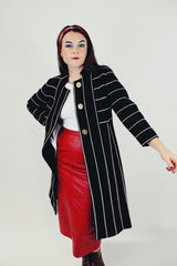 long black coat with white stripes and gold buttons women's vintage mandarin collar