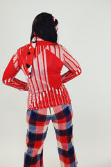 red and white printed long sleeve button up blouse with collar women's vintage 1970's
