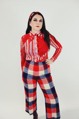 red and white printed long sleeve button up blouse with collar women's vintage 1970's