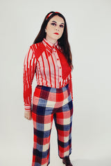 red and white printed long sleeve button up blouse with collar women's vintage 1970's