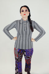 long sleeve pullover blouse with collar and half button closure black and white stripes women's vintage 1970's
