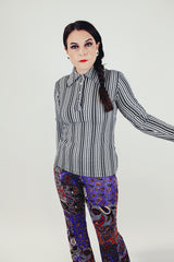 long sleeve pullover blouse with collar and half button closure black and white stripes women's vintage 1970's
