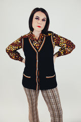 women's vintage black button up sweater vest ribbed wool with embroidered edges
