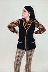 women's vintage black button up sweater vest ribbed wool with embroidered edges