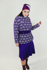 long sleeve purple printed women's pullover blouse with belt tie waist 1960's