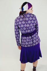 long sleeve purple printed women's pullover blouse with belt tie waist 1960's