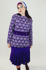 long sleeve purple printed women's pullover blouse with belt tie waist 1960's