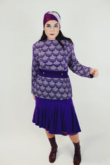 long sleeve purple printed women's pullover blouse with belt tie waist 1960's