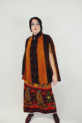 two tone brown striped suede poncho with zipper and collar women's vintage