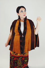 two tone brown striped suede poncho with zipper and collar women's vintage