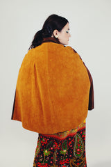 two tone brown striped suede poncho with zipper and collar women's vintage