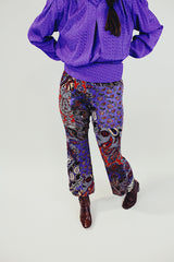 purple red and brown paisley printed flair pants women's vintage 1960's