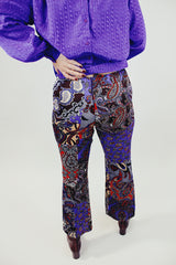 purple red and brown paisley printed flair pants women's vintage 1960's