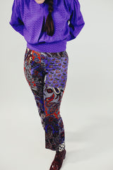 purple red and brown paisley printed flair pants women's vintage 1960's