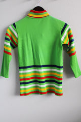 Women's vintage 1970's bright green long sleeve turtleneck with multicolored stripes and a zipper in the back in a polyester material.
