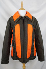 Women's or men's vintage 1970's Cascade, Made in Korea label long sleeve zip up brown and orange colored nylon puffer jacket.
