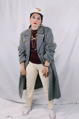 Men's vintage 1970's Metropole Monarch, Man's Shop San Francisco label long length long sleeve black and cream wool chevron trench coat with brown wood buttons.