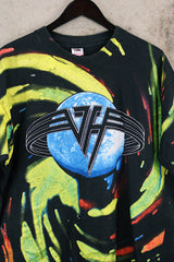 Women' or men's vintage 1993 Fruit of the Loom, Made in USA label short sleeve black 1993 Van Halen Tour t-shirt with graphic on the front and back with all over multicolored tie dye.