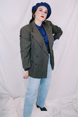 Men's or women's vintage 1980's Fintex Clothes label long sleeve brown colored double breasted blazer with button front closure and pin stripes