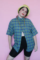 Men's or women's vintage 1980's Marc David Clothing label short sleeve button up collared shirt in a blue and green plaid print.