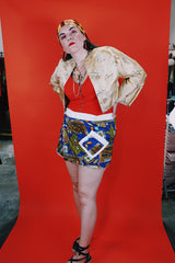 Women's vintage 1970's Go Barefoot Paradise, Honolulu, Hawaii label mini length wrap skirt in white towel material with cotton Hawaiian print fabric on top