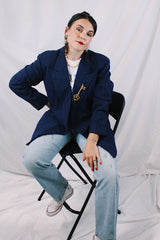 Men's or women's vintage 1960's Varsity-Town Clothes, Meier & Frank Co., Portland, OR long sleeve navy blue pin striped double breasted wool material blazer.