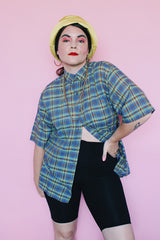 Men's or women's vintage 1980's Marc David Clothing label short sleeve button up collared shirt in a blue and green plaid print.