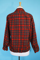 Men's vintage 1960's Pendleton label long sleeve button up shirt in red and grey plaid print in a wool material.